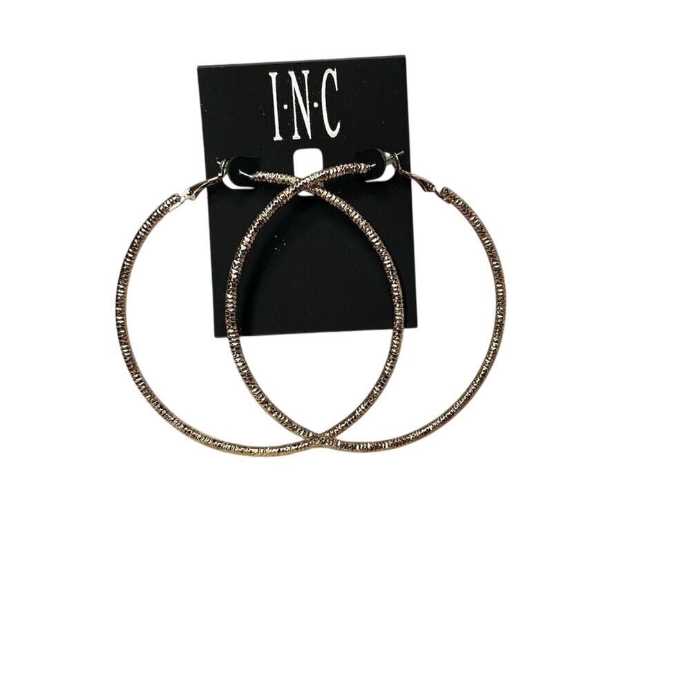 INC Gold Textured Large Hoop Earrings 3" Diameter Pierced Back